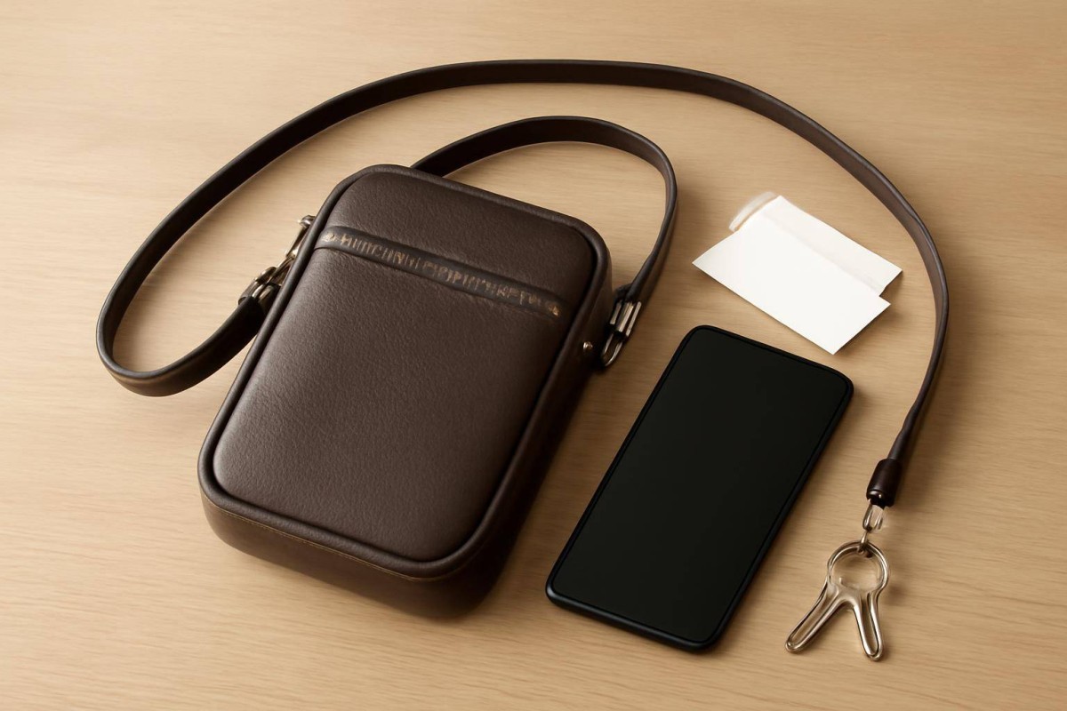 کیف کراسبادی جمعوجور چرم مصنوعی 13×21 روی میز همراه موبایل و کارت
